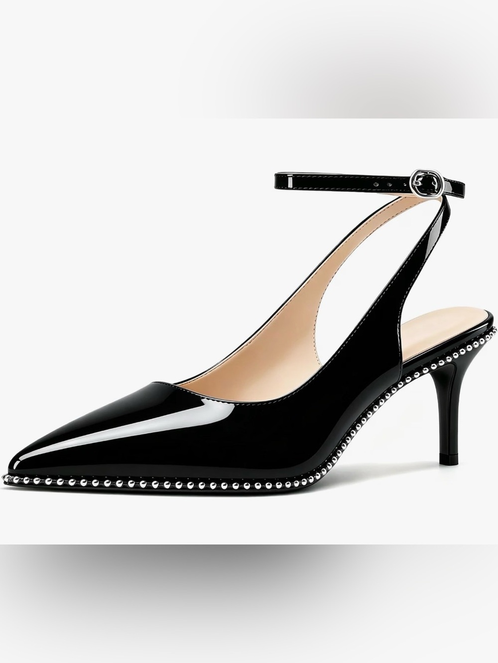 Black Patent Pointed Toe Slingback Heels Studded Trim Ankle Strap size 9